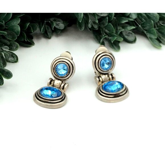 Vintage Silver-Tone Clip-On Earrings With Blue Faceted Glass Stones - Picture 2 of 5